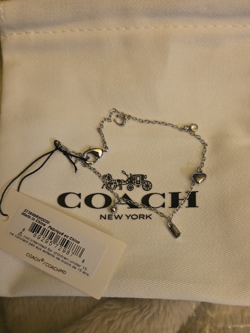 Coach Silver Heart Charm Bracelet with Logo Tag